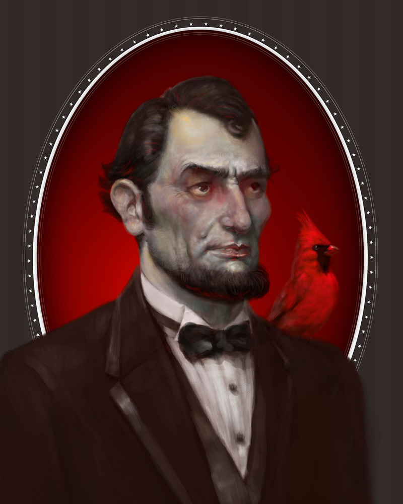 “LINCOLN,” by Burton Gray, Zombie Lincoln with red cardinal
