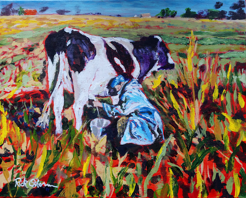 Milknificent Cow Print | Painting of Black and White Cow Being Milked