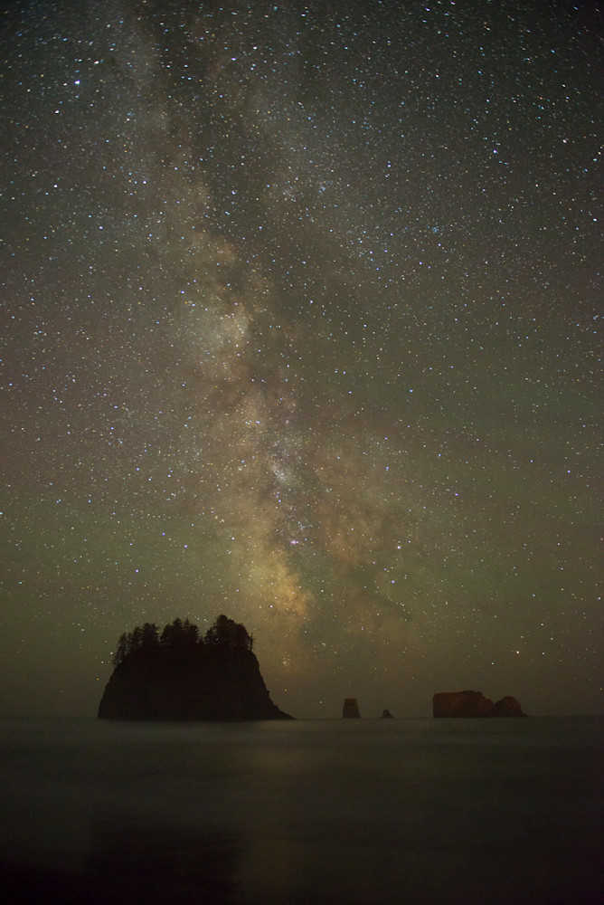 Fine art photo of the Milky Way rising behind sea stacks at 2nd Beach, Olympic National Park, Washington by Greg Probst