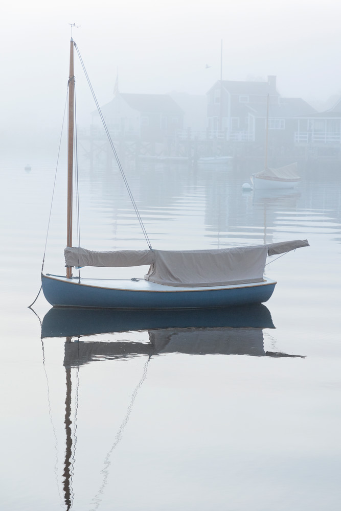 "Nantucket Harbor Sailboat in Fog" Fine Art Nautical Boat Photography