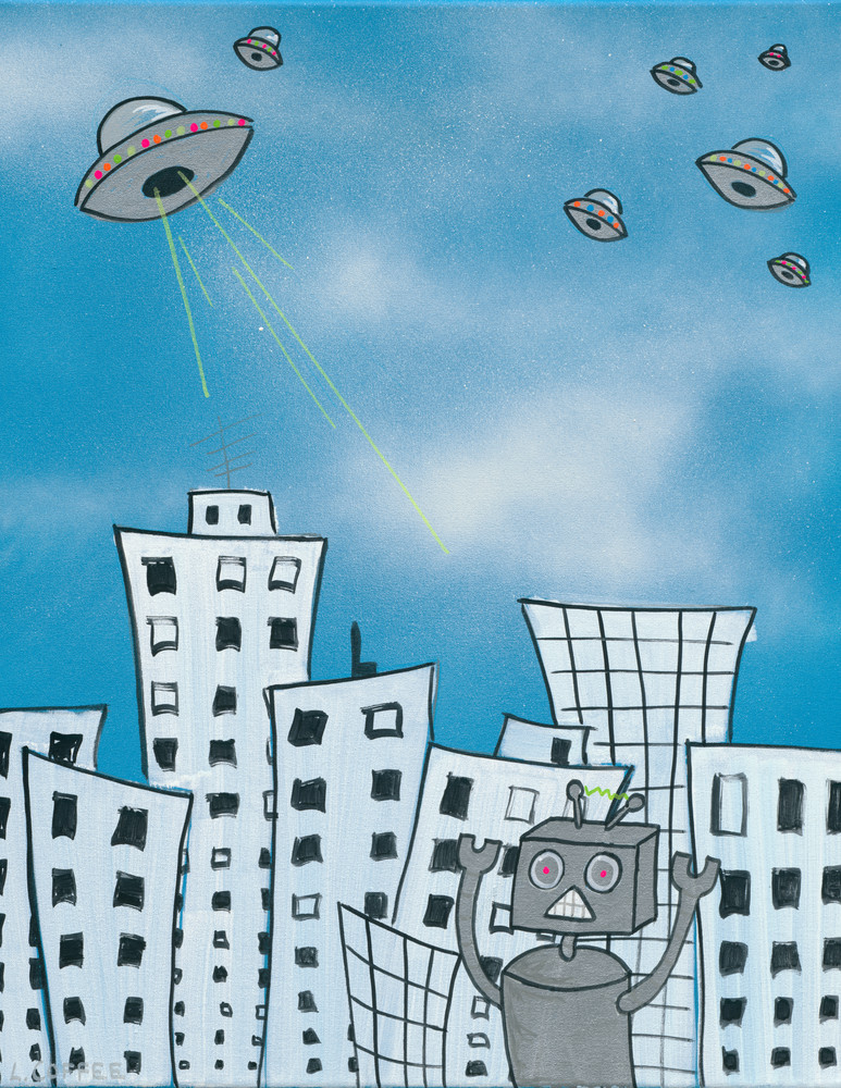 A robot fleeing UFOs.