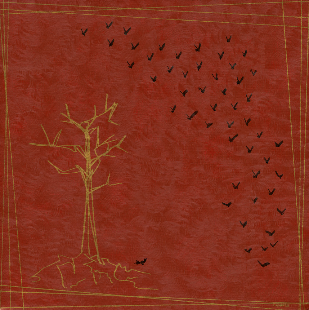 Crows fly away from a gold tree on a red ground.
