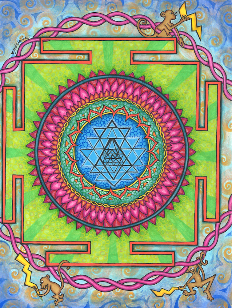 monkey mind, mandala, watercolor art, sri yantra monkey mind, mandala, watercolor art, sri yantra