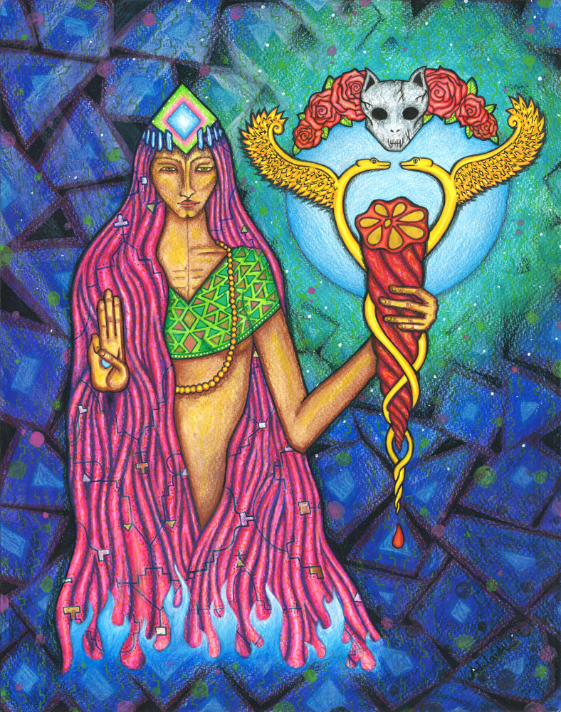 wise spiritual seeker holding mudra and ayahuasca vine 