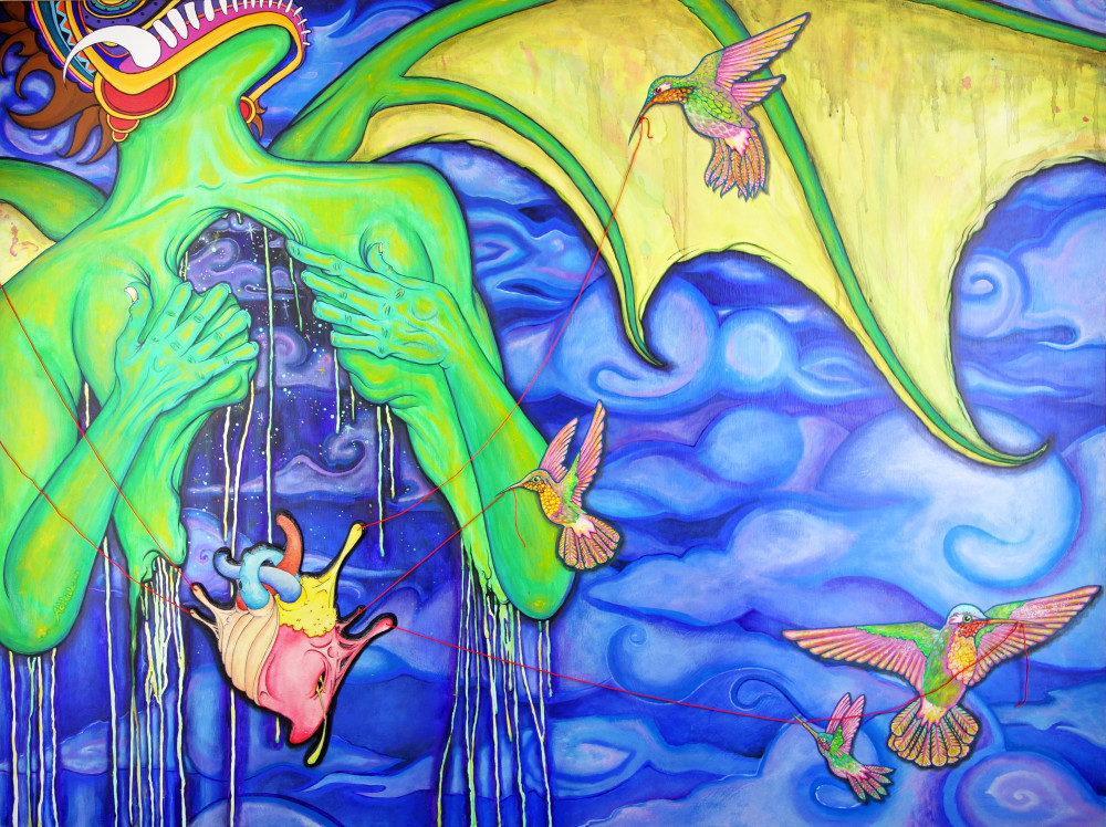 grotesque art with beautiful iridescent hummingbirds grotesque art with beautiful iridescent hummingbirds