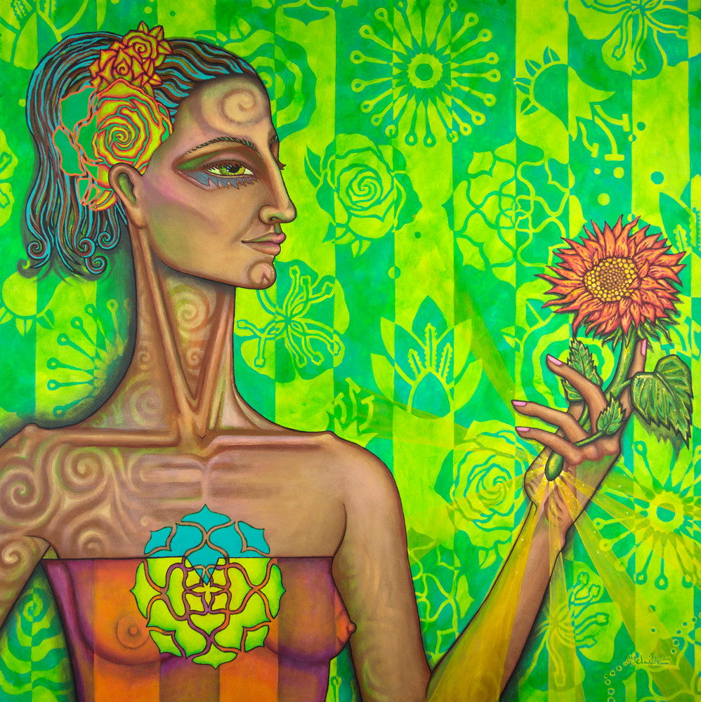 Self-refection art portrait with green flowers