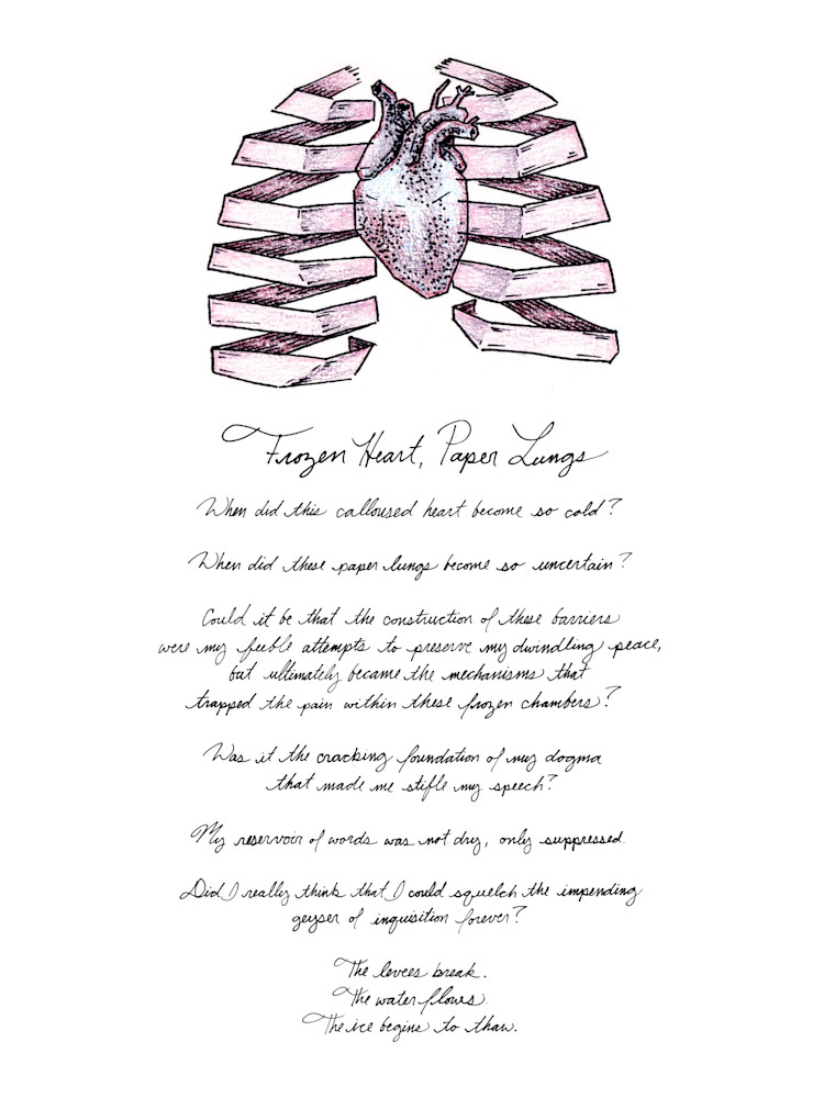 Frozen Heart, Paper Lungs - Drawing with Text | Art & Paintings by Zak D. Parons