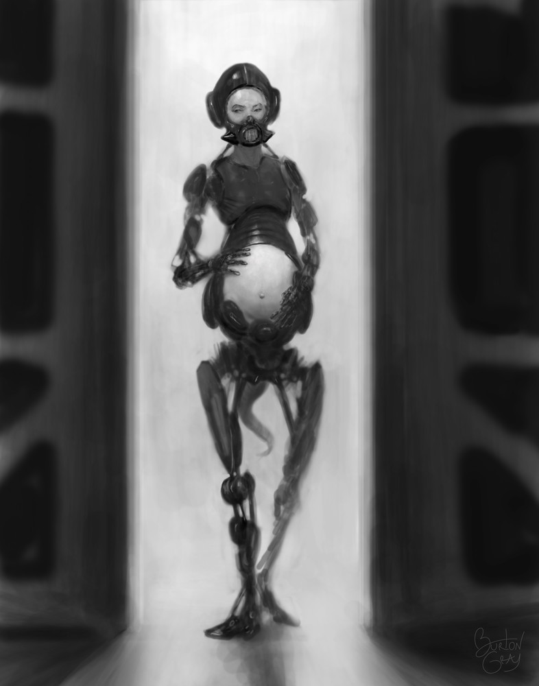 Painting of a pregnant robot, by the artist, Burton Gray