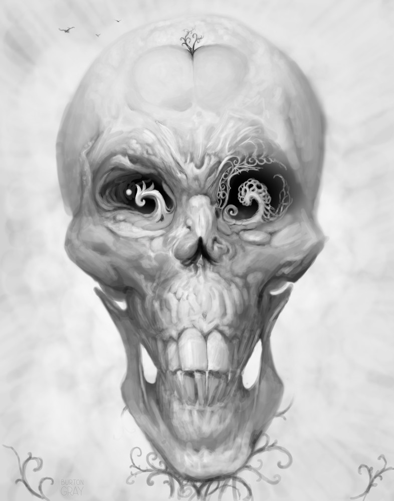 Burton Gray's Black White painting of a surreal skull