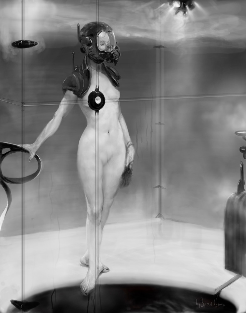 Burton Gray fine art painting of nude wearing gas mask.