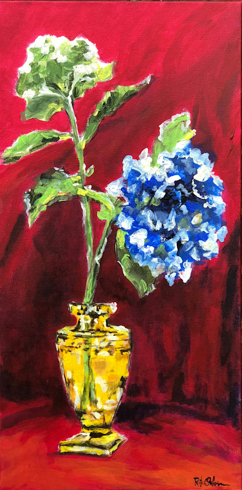Hydrangeas in Gold Crystal on Red | Fine Art Painting Print by Rick Osborn