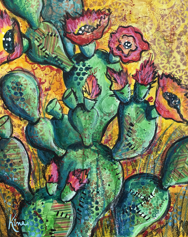 Mixed Media Art Painting of Green Cactus with yellow background