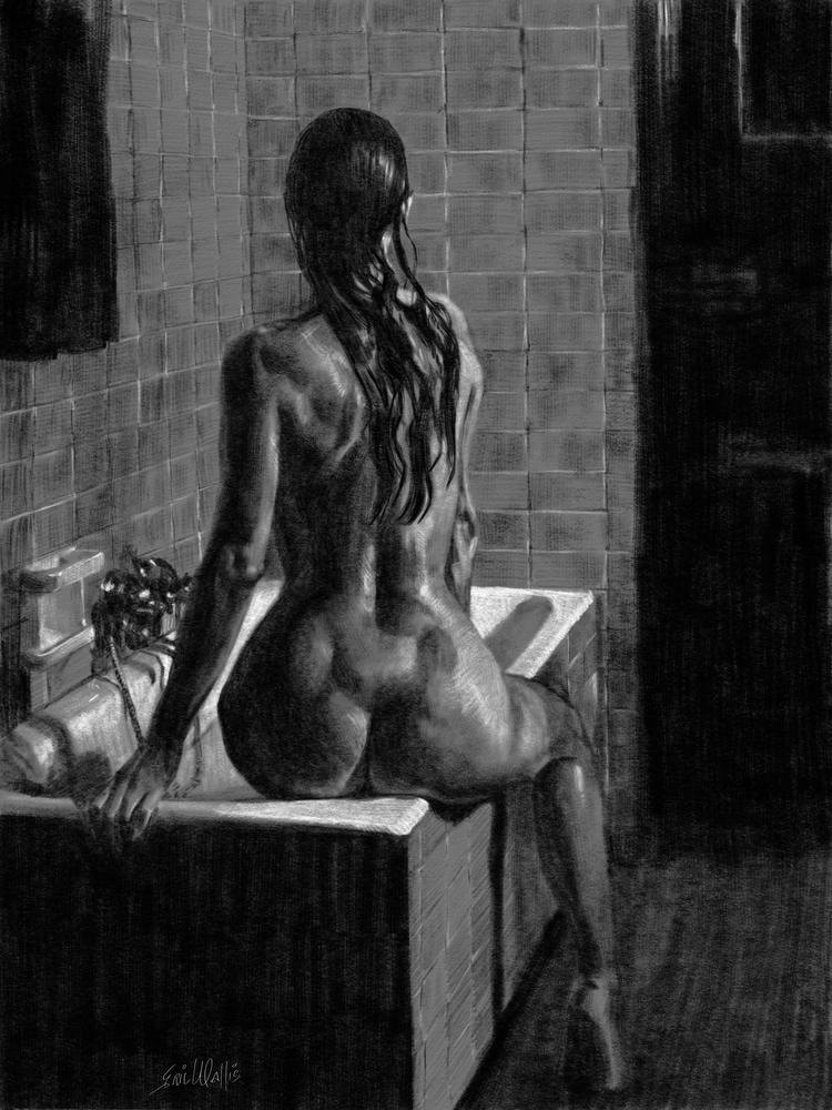 Digital drawing by Eric Wallis titled, "Bather and Tub."