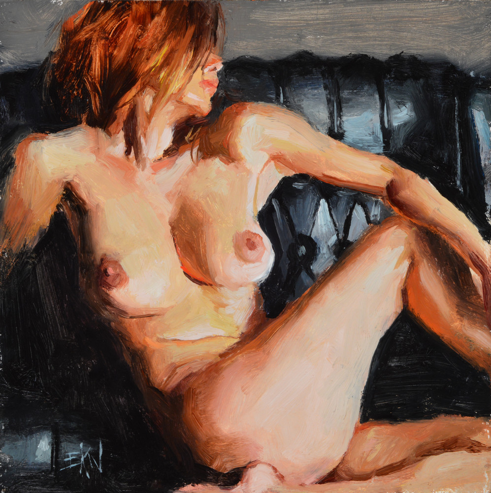 Print of a nude painting by Eric Wallis titled, “Nude on Black Leather.”