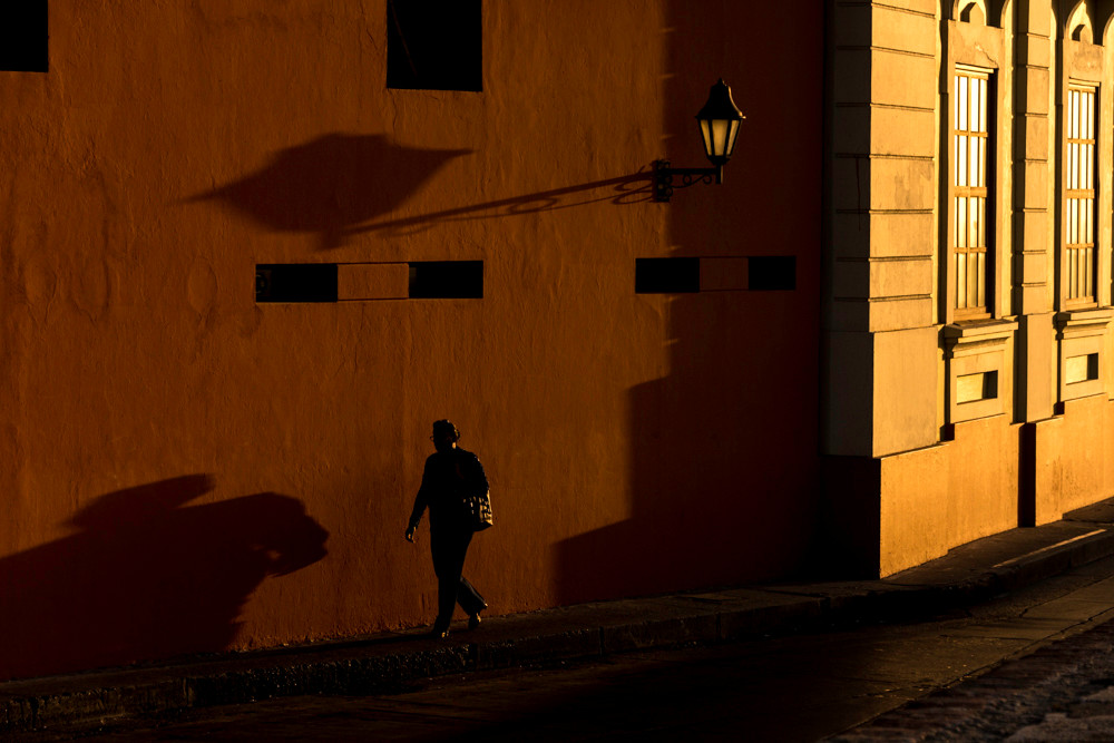 Golden afternoon light on Cartagena colonial wall