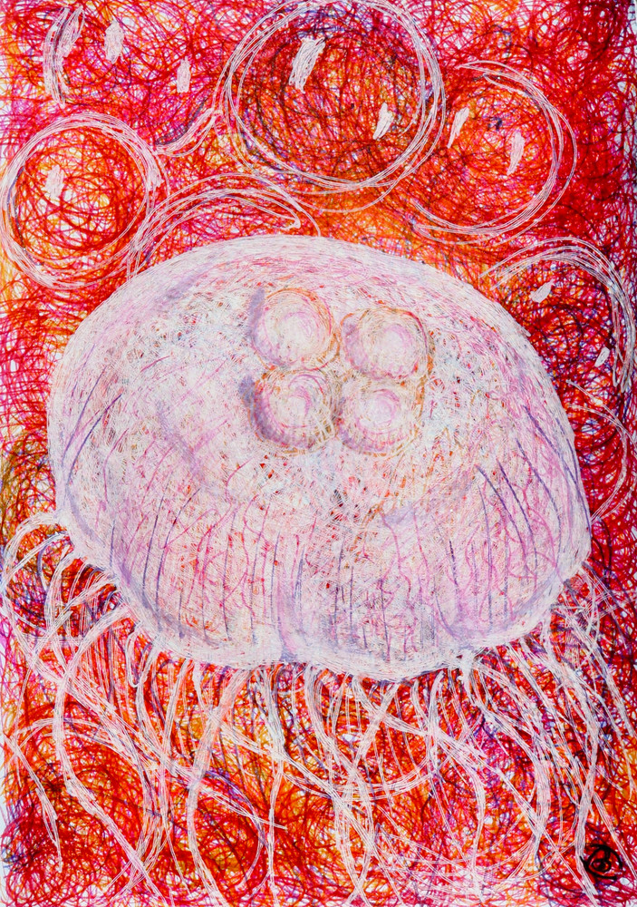 Fine Print - Red Jellyfish ball pen drawing by Irina Malkmus