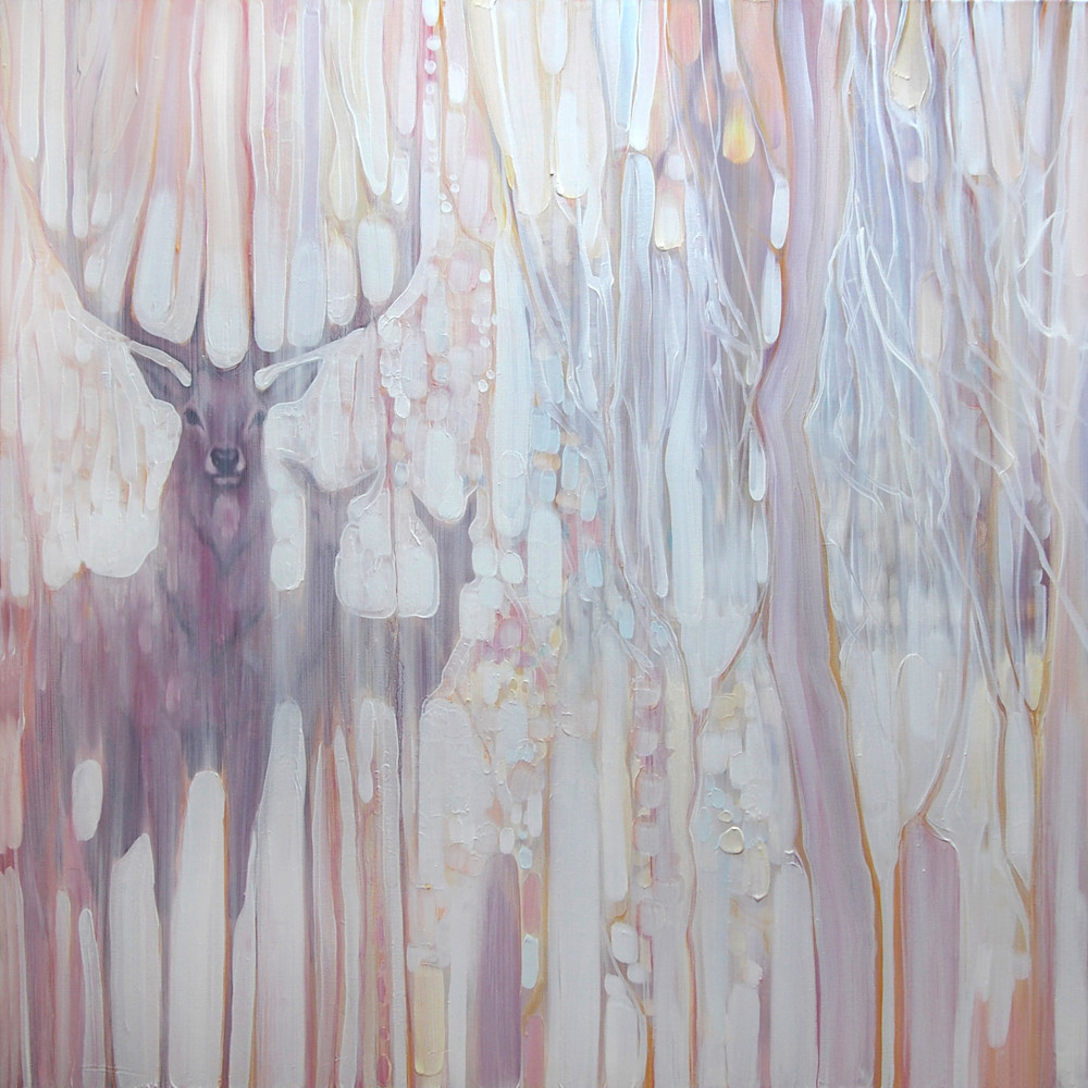 Spirit Guides a white painting with deer in winter landscape