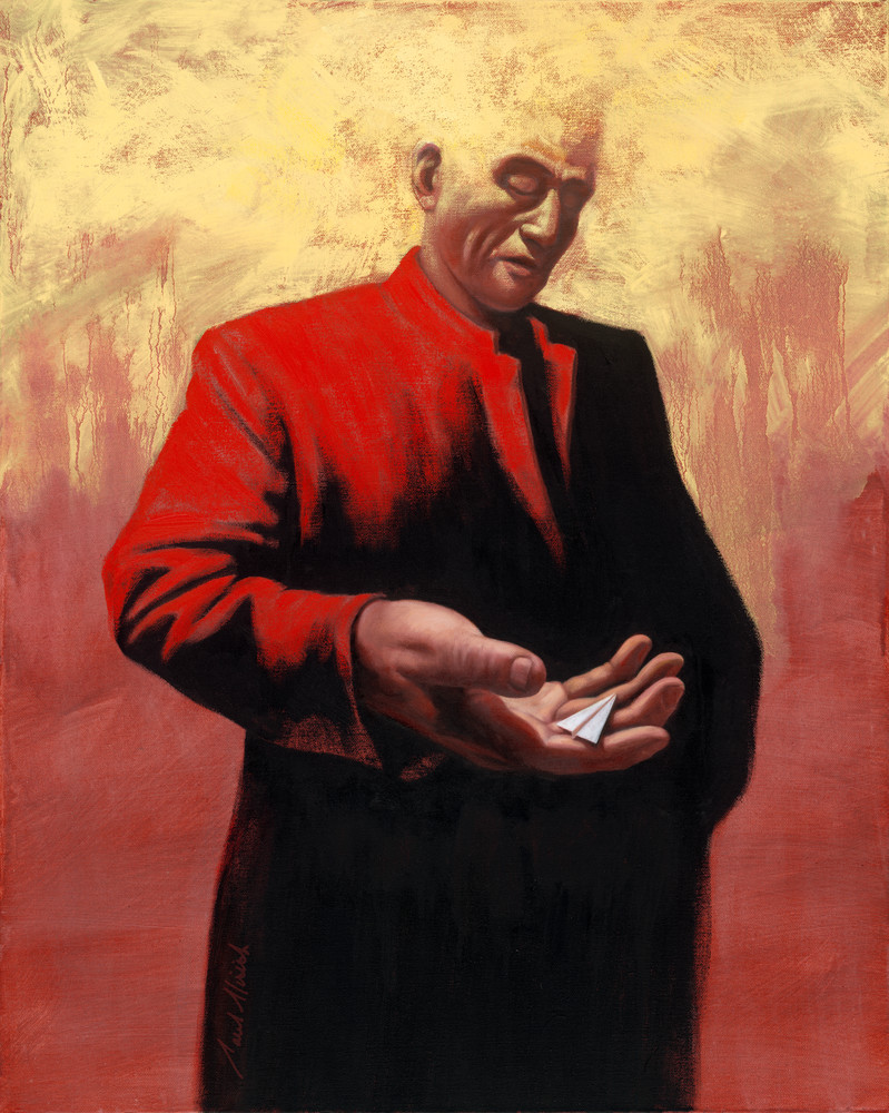 Man in Red Coat - Paper Airplane series painting on canvas by Paul Micich - for sale at Paul Micich Art