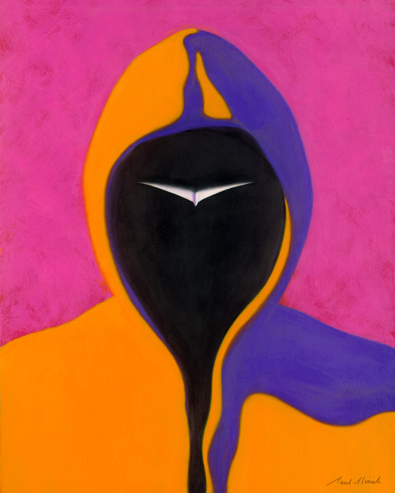 Face On - Paper Airplane series painting on canvas of mysterious man in hoodie by Paul Micich - for sale at Paul Micich Art