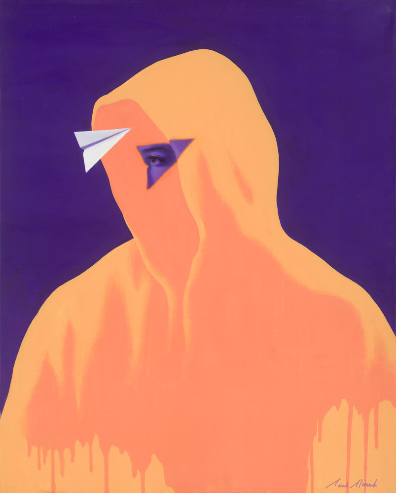 Casting Light - Paper Airplane series graphic painting on canvas of mysterious figure in hoodie by Paul Micich - for sale at Paul Micich Art