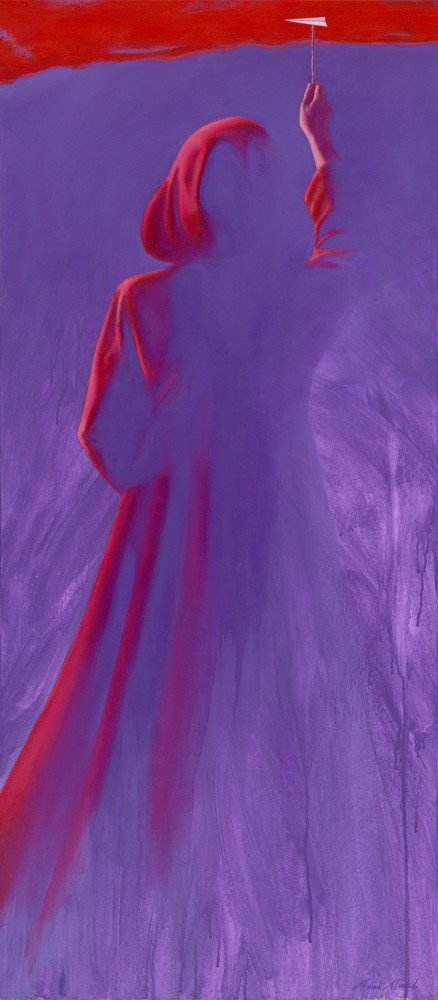 Red Cloak - Paper Airplane series painting on canvas by Paul Micich - romantic painting of woman in cloak - for sale at Paul Micich Art