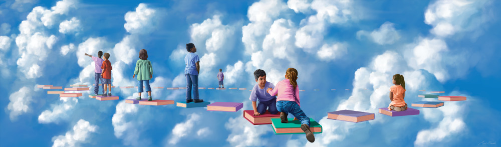 Cloud Library - inspirational school library mural painting - surreal children's storytelling mural and fine art prints - For Sale by Paul Micich Art