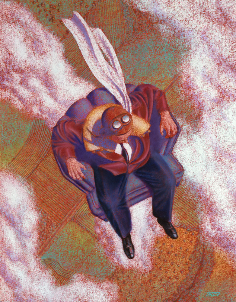 Walter M - surreal storytelling art painting of aviator flying above the landscape in an arm chair - After Walter Mitty - For Sale at Paul Micich Art