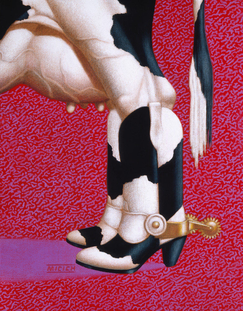 New Breed - Flamboyant Colorful Surreal Storytelling Painting of Holstein Cow in Cowboy Boots - For Sale at Paul Micich Art