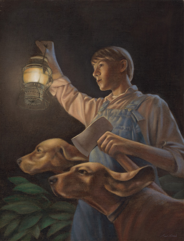 Where the Red Fern Grows - written by Wilson Rawls - inspirational painting of farm boy in overalls with lantern and Red Bone Hound dogs for book cover by Paul Micich