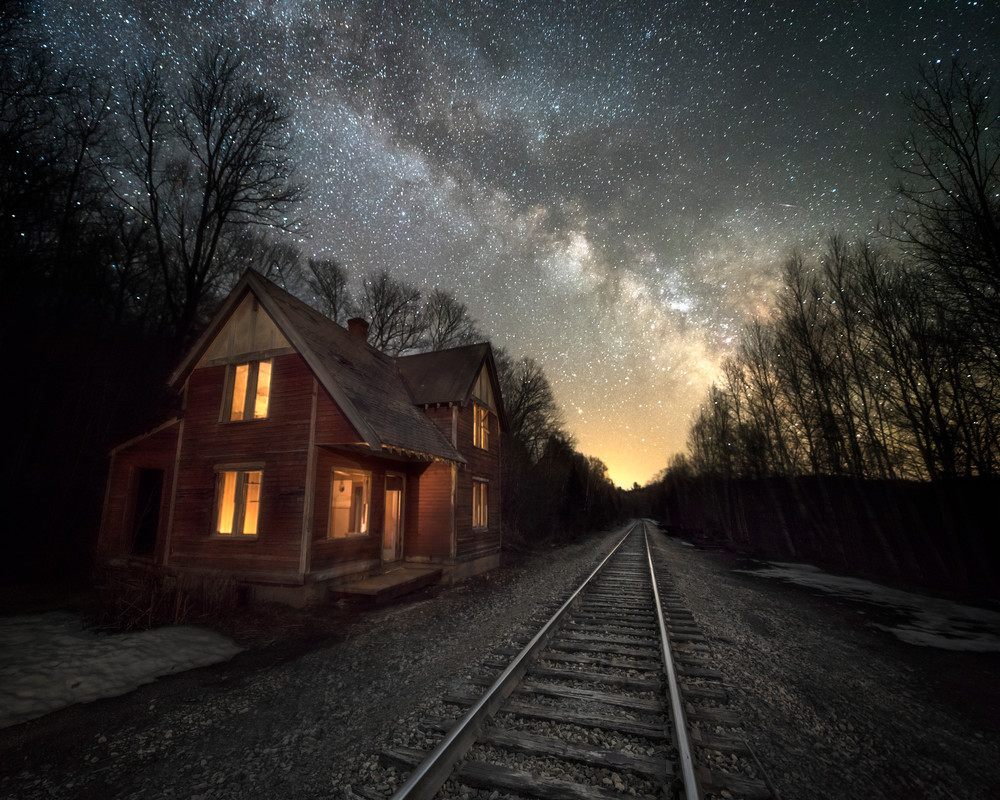 Abandoned Bodfish House with Milky Way and train tracks