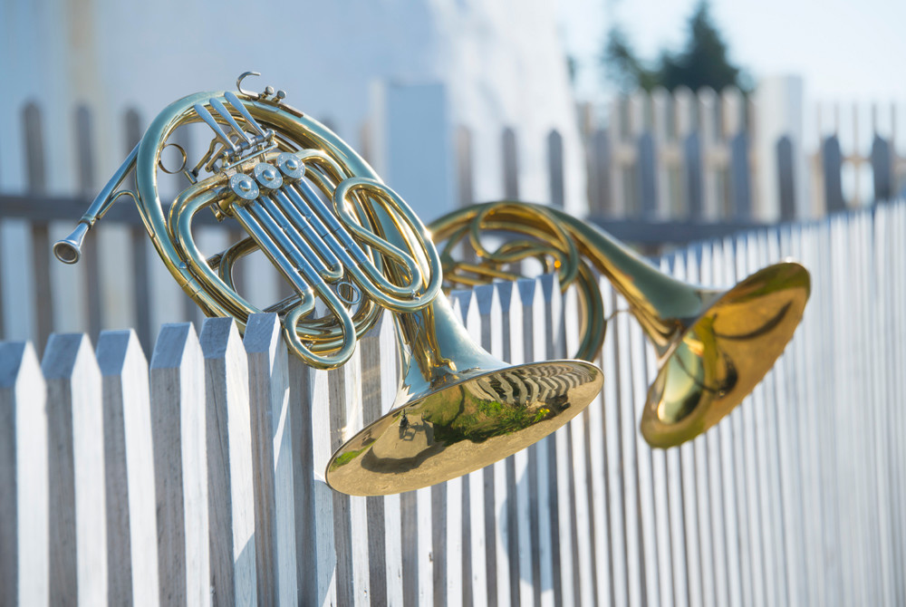 On A White Picket Fence - French Horn fine art print on paper, canvas or metal | Instrumental Art