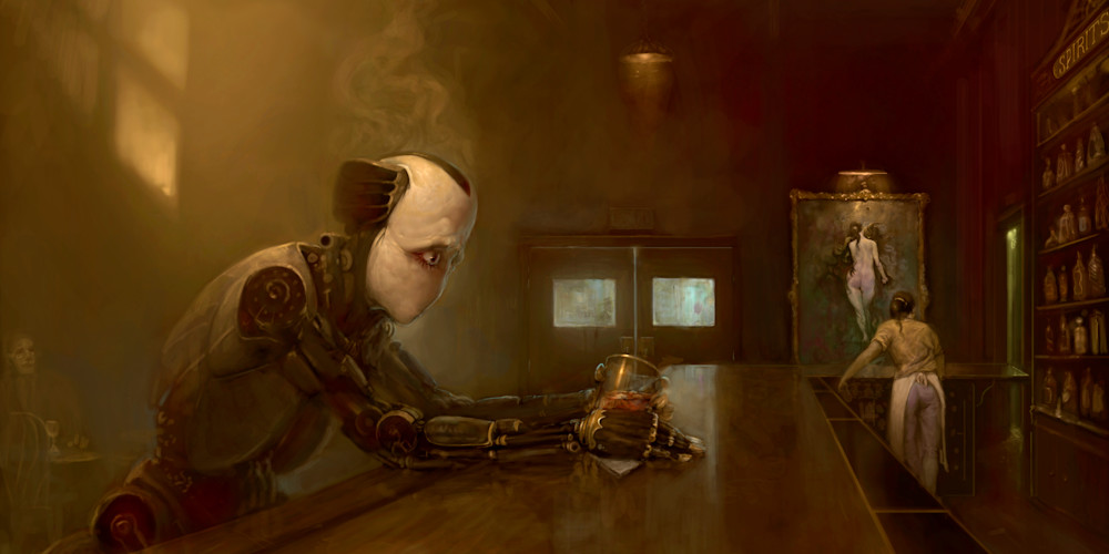 Burton Gray's painting of a sad robot at a bar.