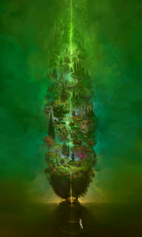 Burton Gray painting of a tall green tree of life.