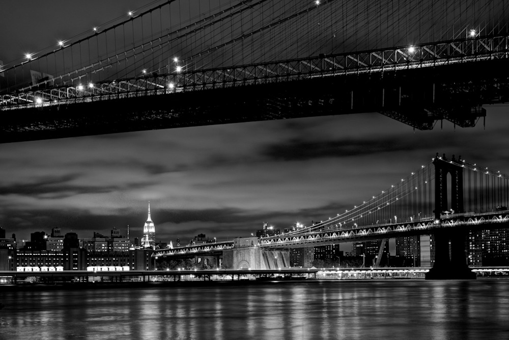 Two Bridges - Brooklyn Manhattan Bridge Brooklyn New York City NY USA Black & White | Cityscape