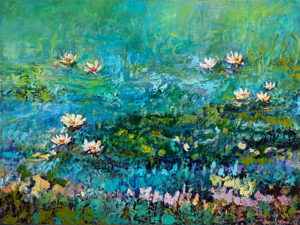 Pond painting showing light reflecting off the water with delicate water lilies on the surface. 