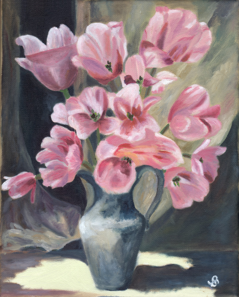 Pink Tulips In Vase Oil Painting Art