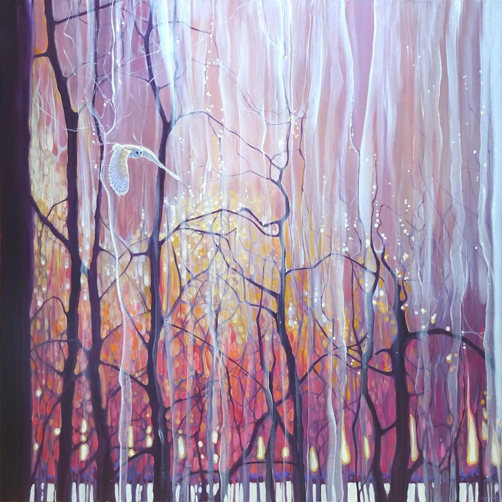 print of twilight grace with Sussex winter trees and a white barn owl at sunset