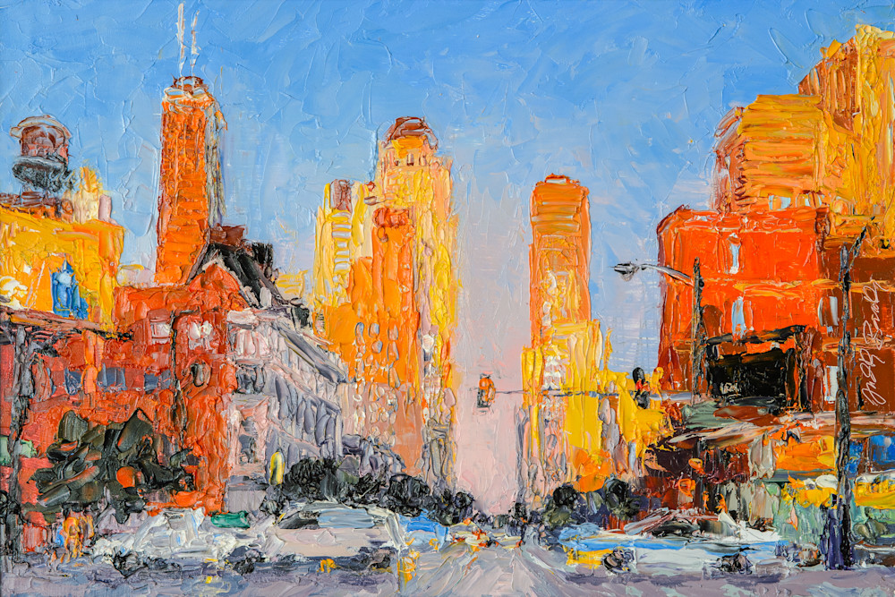 Chicago Downtown Street palette knife oil painting by Judith Barath. Prints for sale.