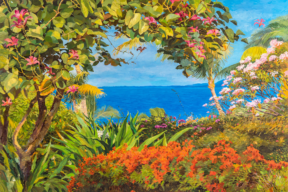 "Maui View From A Garden" -  Oil painting for sale as fine art reproduction | Judith Barath Arts