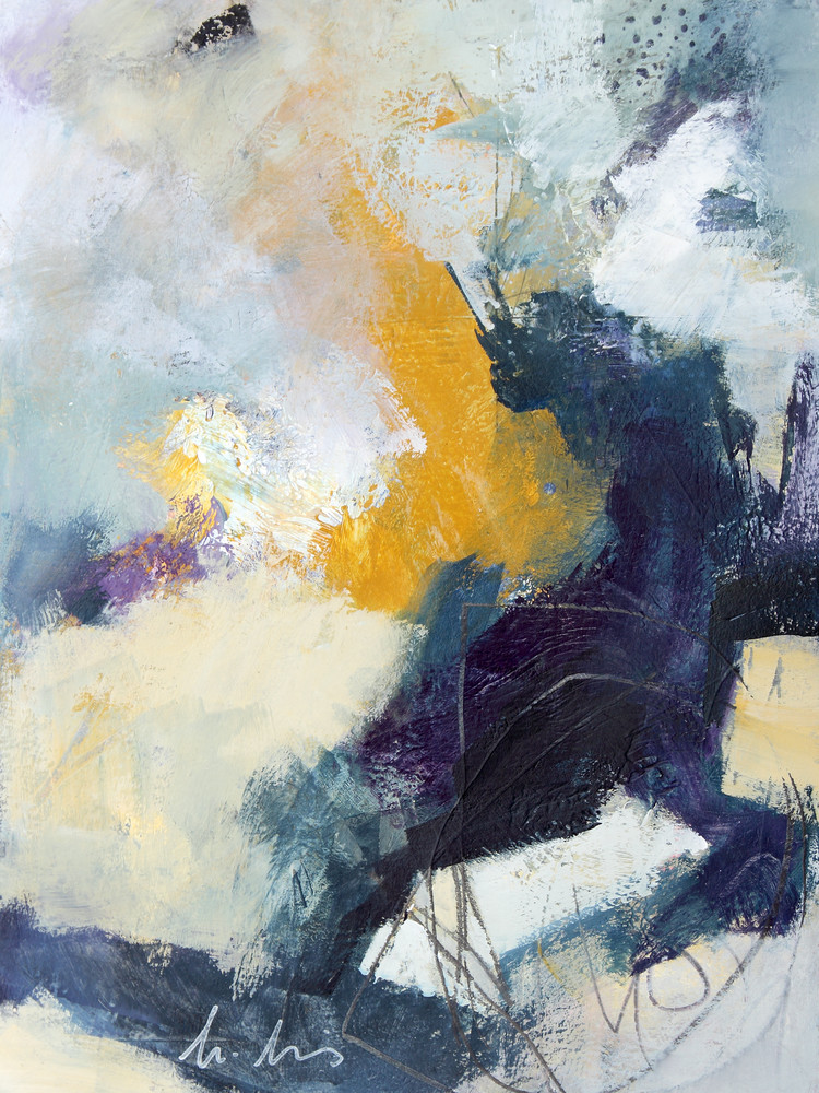 Brush Fire abstract painting in grey, blue and yellow by Canadian artist Marianne Morris