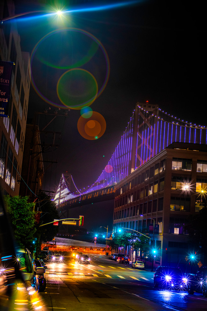 San Francisco street at night with the Bay Bridge fine art print for sale online by Judith Barath