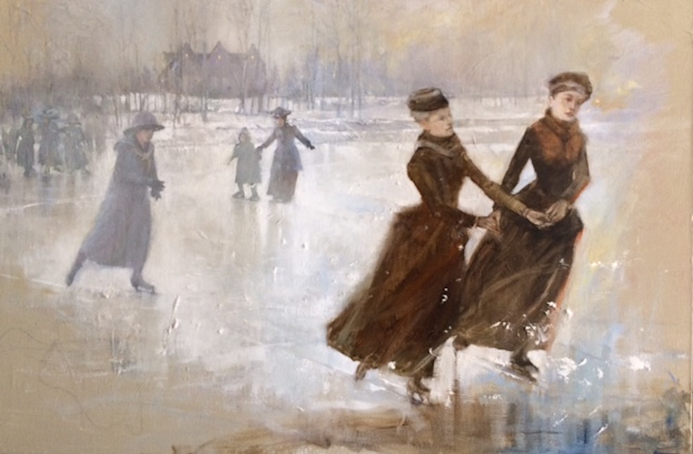 Oil painting of ladies skating on a pond in vintage dress.