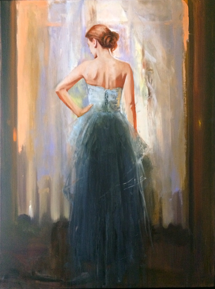 Beautiful painting of young woman in formal gown standing by a window.