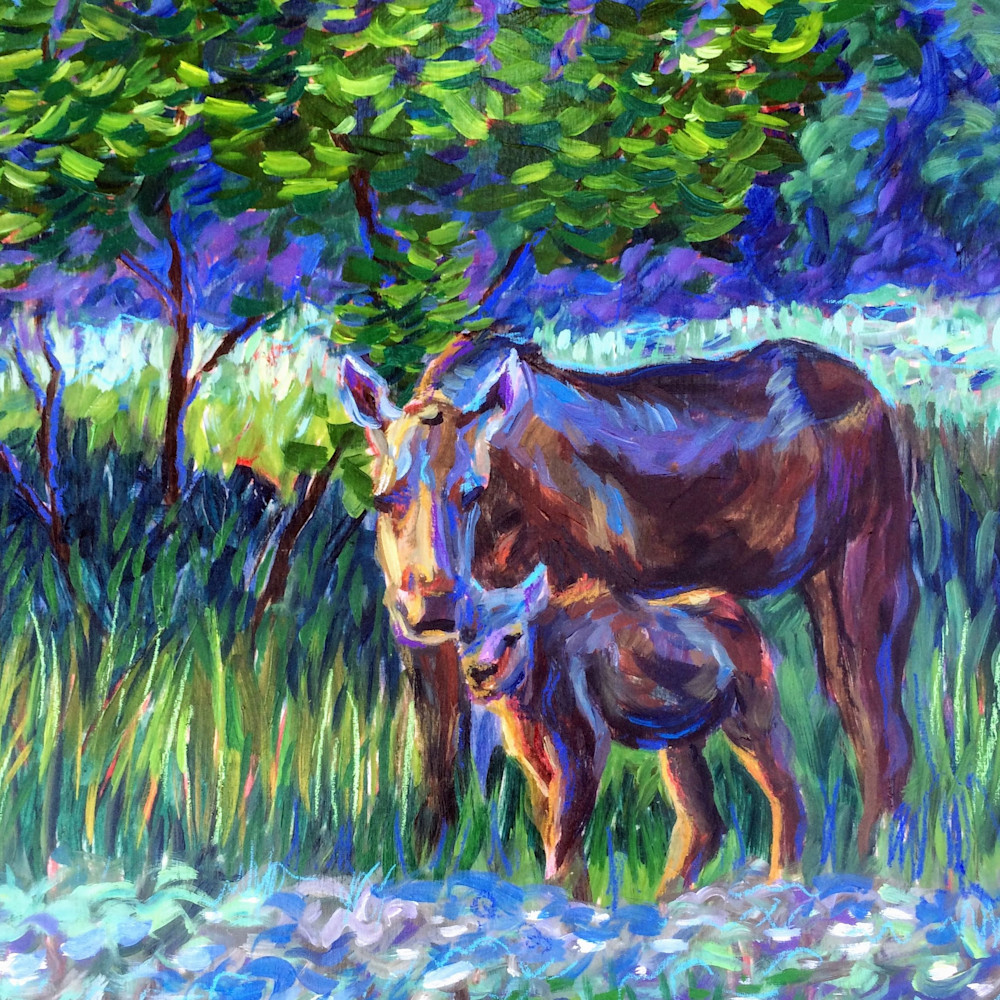 Moose Cow And Calf   Alaska Art Print Art | Amanda Faith Alaska Paintings