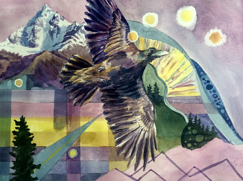 Raven At Summer Solstice   Alaska Original Art Art | Amanda Faith Alaska Paintings / Estuary Arts, LLC