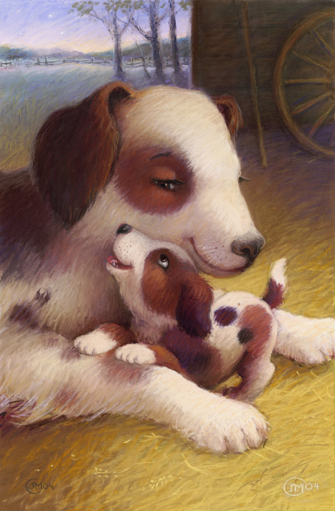 Arf-Arf Mama! print of a pastel drawing puppy and mama dog