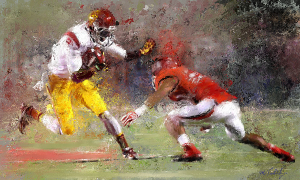 Football painting of an on-field duel between receiver and defender | Sports Artist Mark Trubisky | Custom Sports Art