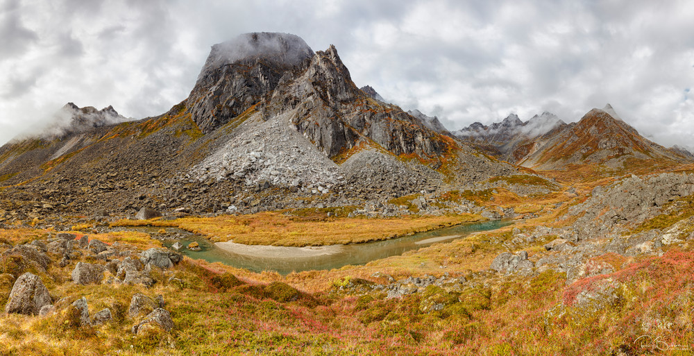 Composite panorama of Archangel Valley at Hatcher Pass in Southcentral Alaska. Autumn. Morning.