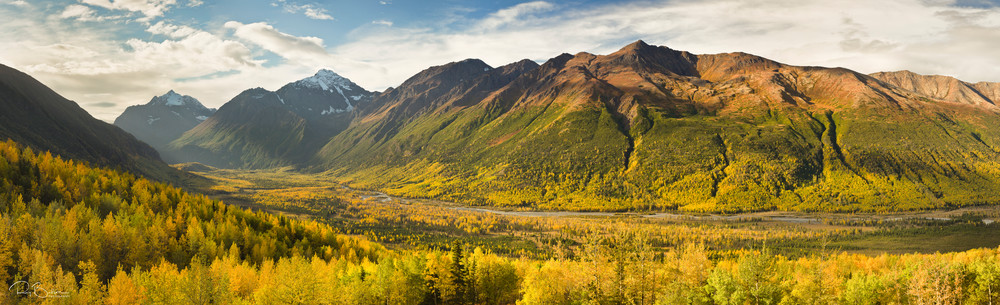 Composite panorama of Polar Bear and Eagle Peaks and Hurdygurdy Mountain overlooking Eagle River Valley in Chugach State Park in Southcentral Alaska. Autumn.