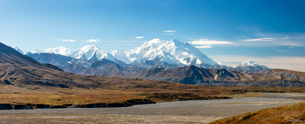 Composite panorama of Denali (formerly Mt. McKinley) from Thorofare Pass in Denali National Park in Interior Alaska. Autumn. Afternoon.